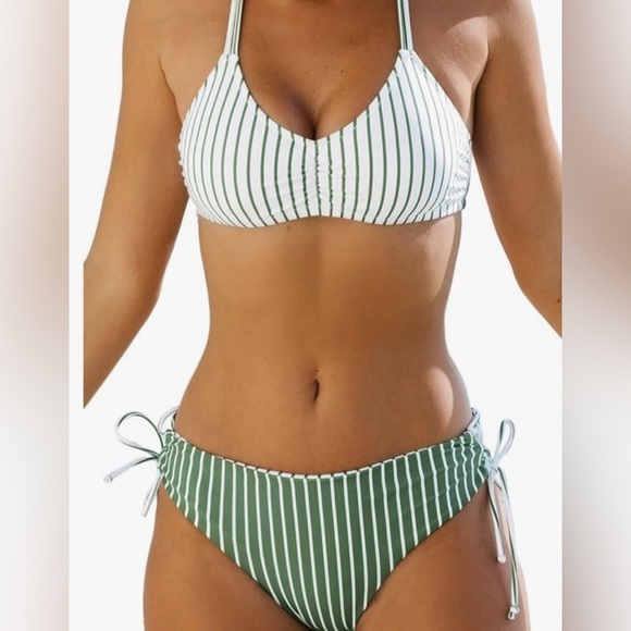 NWTs White and Green Striped Braided Bikini - Picture 1 of 8